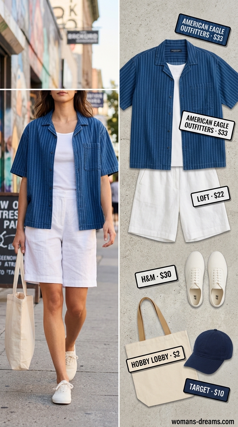 Trendy NYC Summer Outfits 2026: Park Day Casual Sky blue button-down shirt outfit for trendy NYC summer outfits for women 2026. Casual park day with white shorts & sneakers.