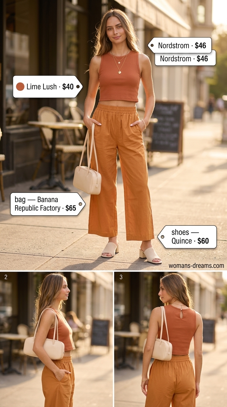Trendy NYC Summer Outfits 2026: Matching Set Style Terracotta matching set for trendy NYC summer outfits for women 2026. Casual sightseeing look with block heels & tan bag.