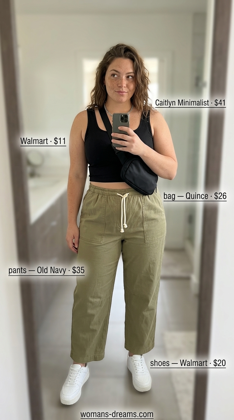 Trendy plus size summer outfits for women 2026: Khaki cargo pants, black crop top, chunky sneakers for city sightseeing.