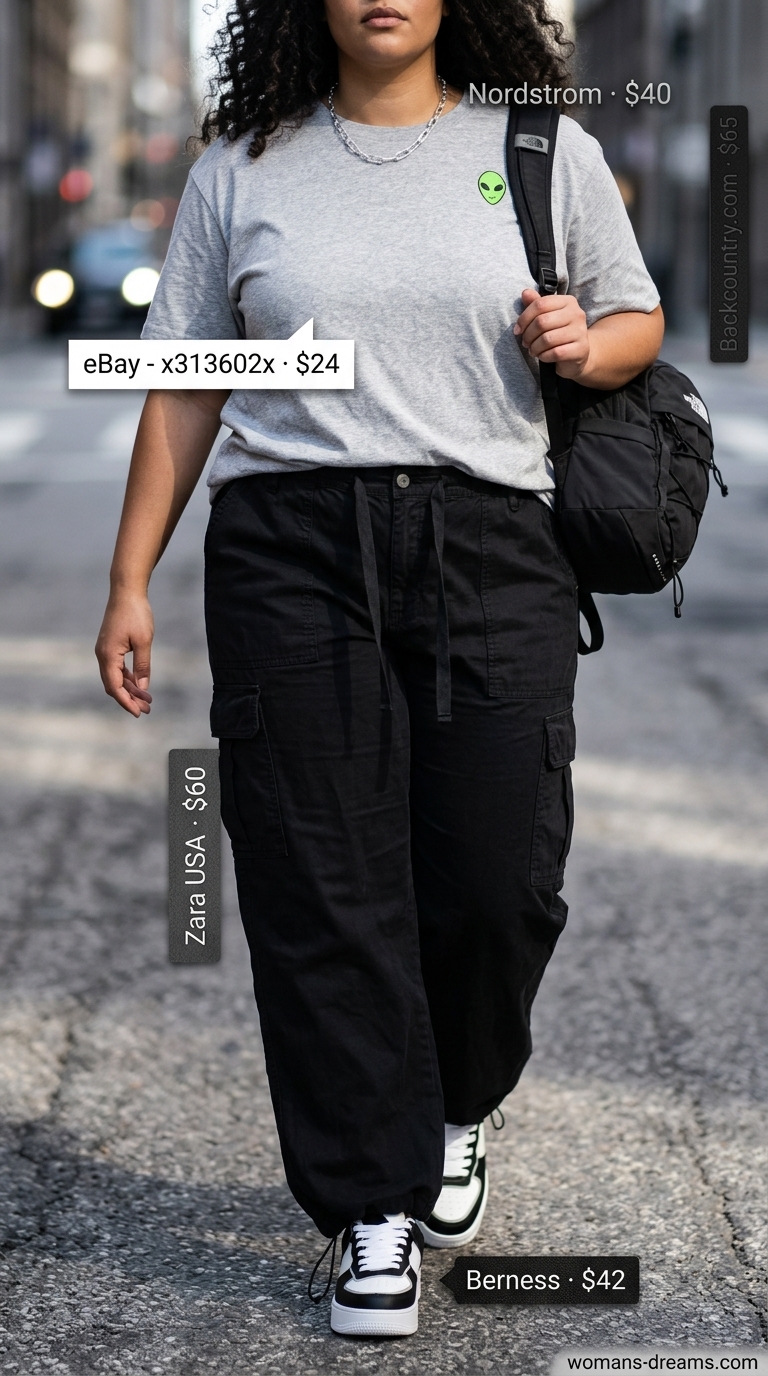 Trendy plus size summer outfits for women 2026: Black cargo pants, graphic tee, chunky sneakers for edgy street style.