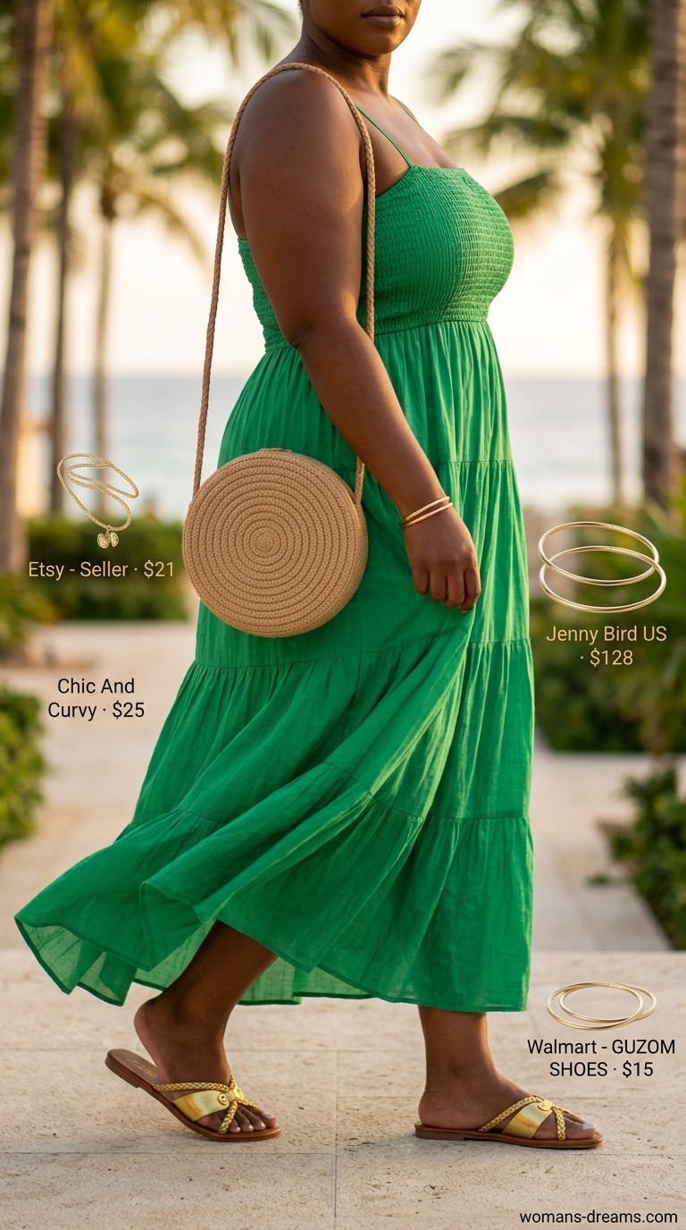 Trendy plus size summer outfits for women 2026: Emerald green maxi dress, gold jewelry, straw bag for vacation dinner.