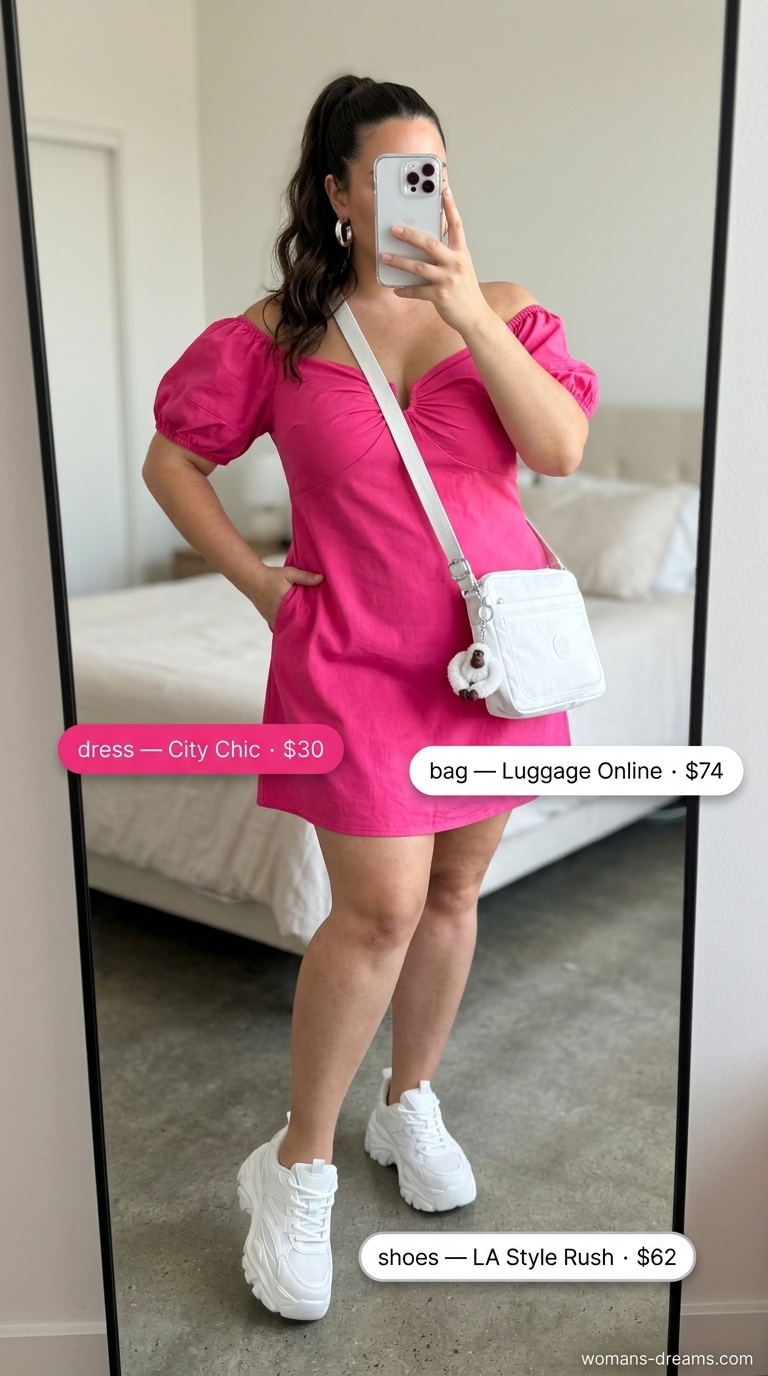 Trendy plus size summer outfits for women 2026: Hot pink mini dress, platform sneakers, crossbody bag for festival.