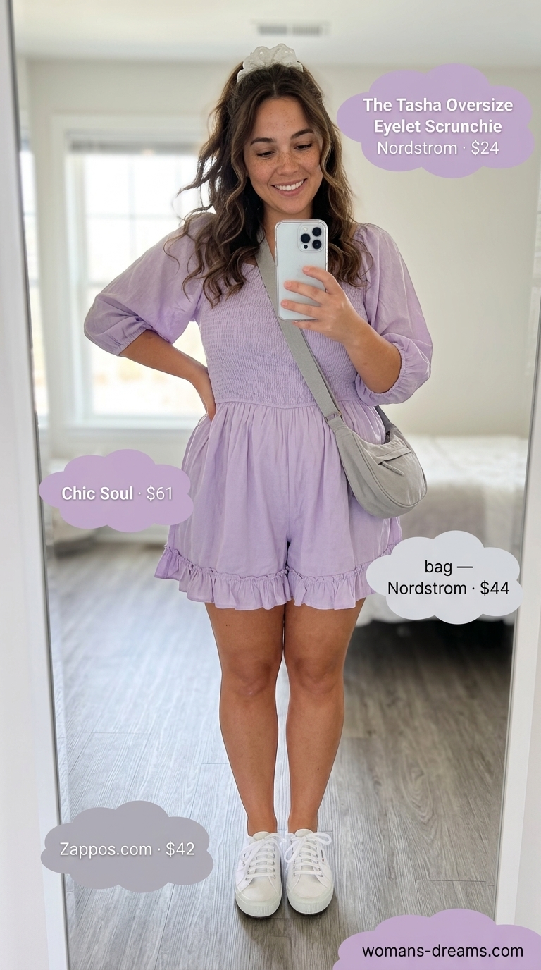 Trendy plus size summer outfits for women 2026: Lavender gauze romper, white sneakers, and crossbody bag for a picnic.