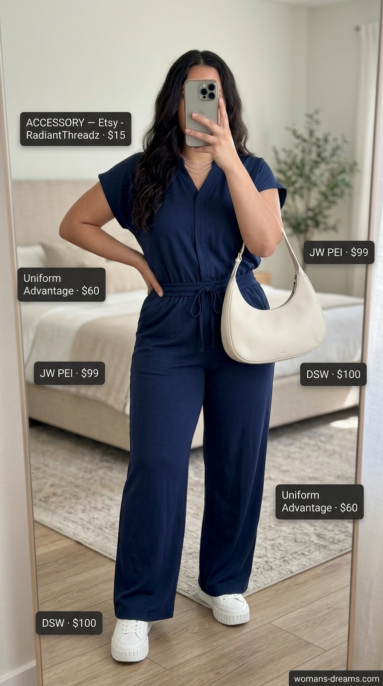 Trendy plus size summer outfits for women 2026: Navy utility jumpsuit, white sneakers, layered necklaces for city exploration.