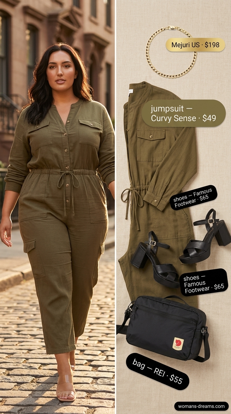Trendy plus size summer outfits for women 2026: Olive green utility jumpsuit, platform sandals, crossbody bag for travel.