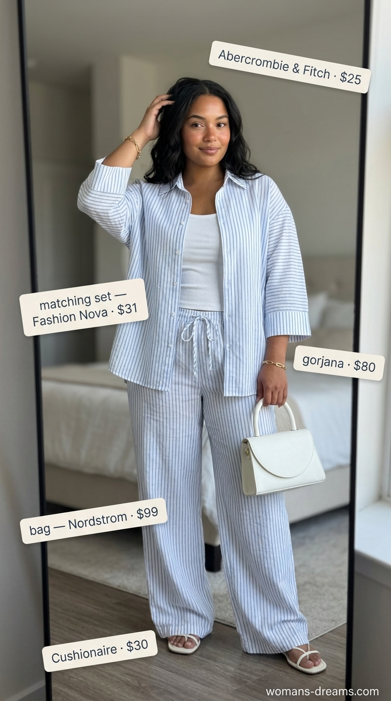 Trendy plus size summer outfits for women 2026: Sky blue matching set, white sandals, gold jewelry for resort lunch.
