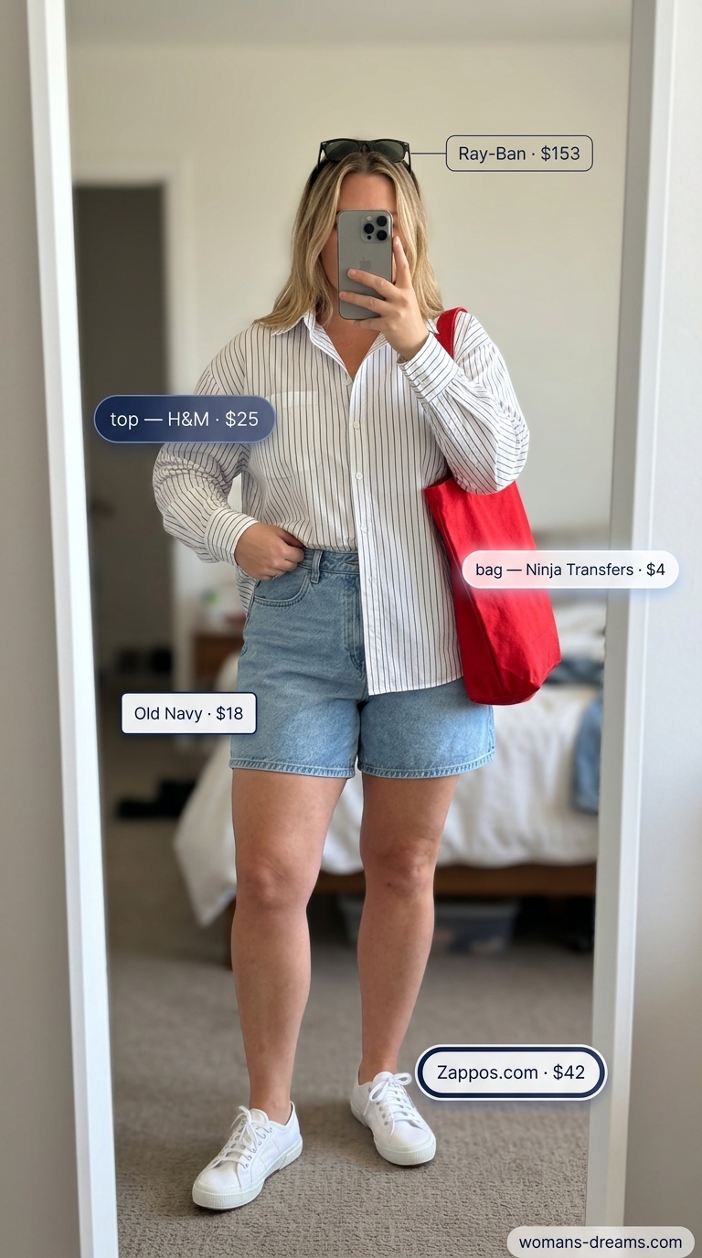 Trendy plus size summer outfits for women 2026: Navy stripe shirt, denim shorts, canvas sneakers for casual day out.