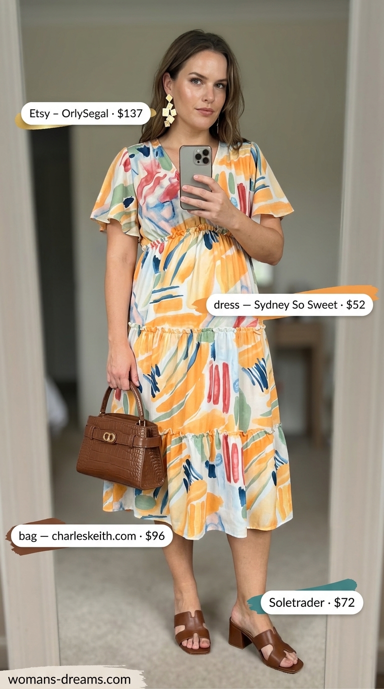 Trendy plus size summer outfits for women 2026: Abstract print dress, brown mules, and gold earrings for an art event.