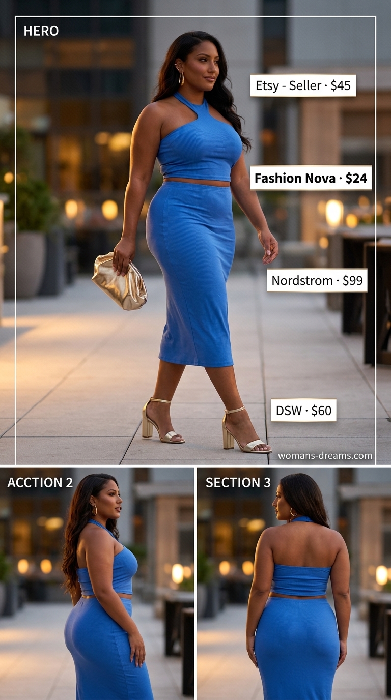Trendy plus size summer outfits for women 2026: Cobalt blue knit set, gold earrings, and strappy heels for golden hour glamour.