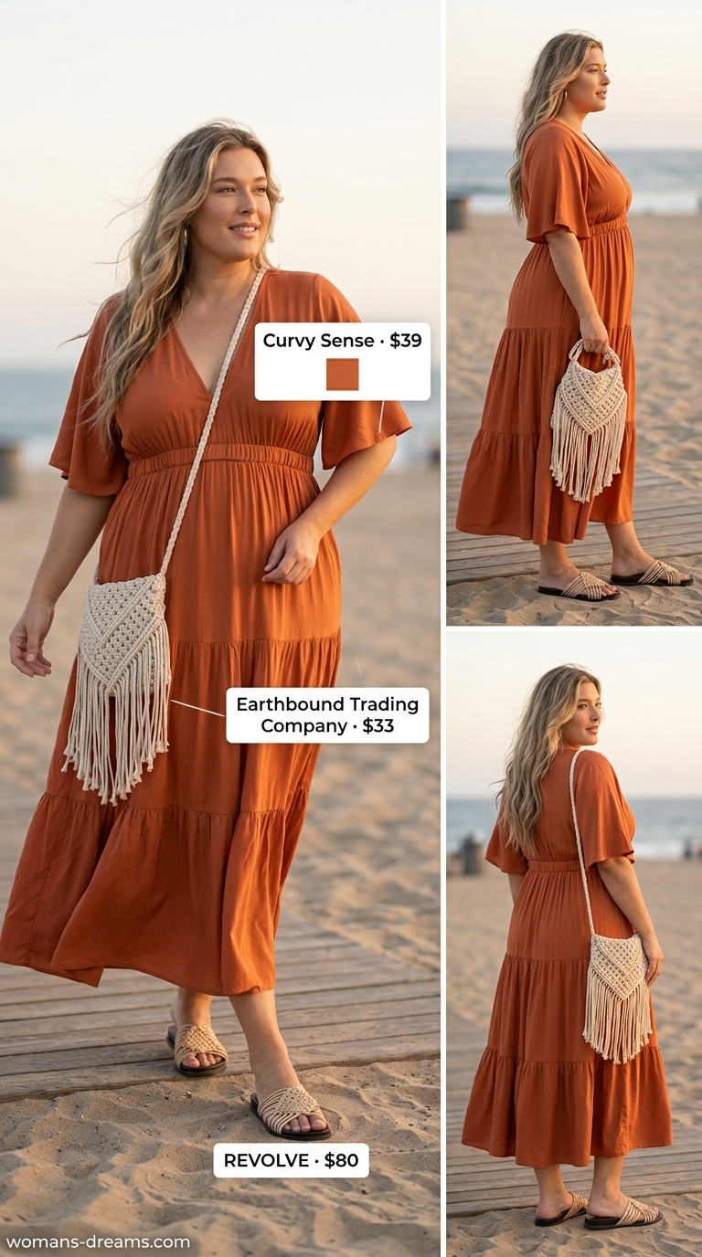 Trendy plus size summer outfits for women 2026: Rust maxi dress, tan sandals, and turquoise jewelry for bohemian sunset vibes.