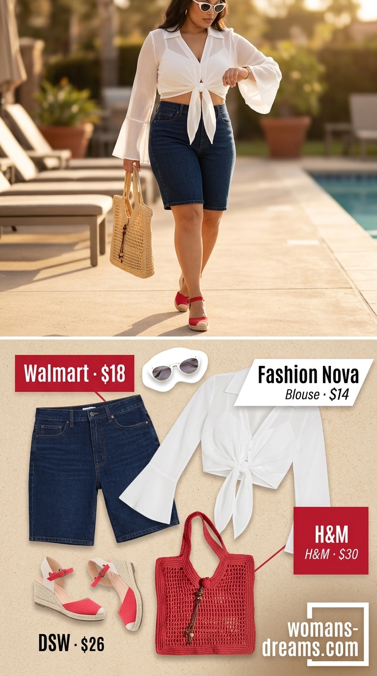 Trendy plus size summer outfits for women 2026: Denim shorts, red espadrilles, and white blouse for a retro pool party.