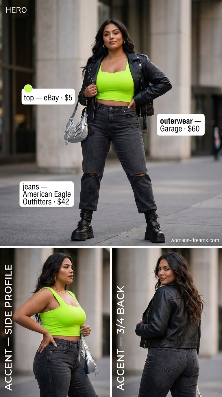 Trendy plus size summer outfits for women 2026: Neon green crop top, distressed black jeans, moto jacket, and combat boots for an edgy night out.