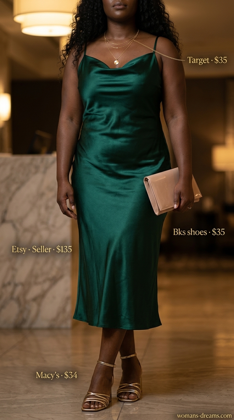Trendy plus size summer outfits for women 2026: Emerald green slip dress, gold sandals, and layered necklaces for a date night.