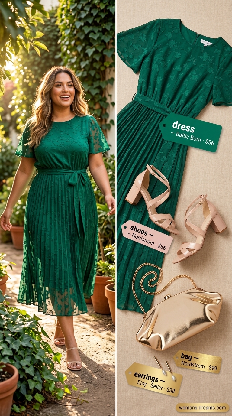 Trendy plus size summer outfits for women 2026: Emerald floral midi dress, nude sandals, and gold clutch for a garden party.