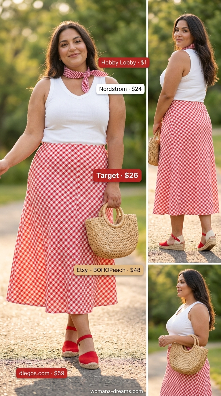 Trendy plus size summer outfits for women 2026: Red gingham midi skirt, white tank, and espadrilles for a retro picnic.