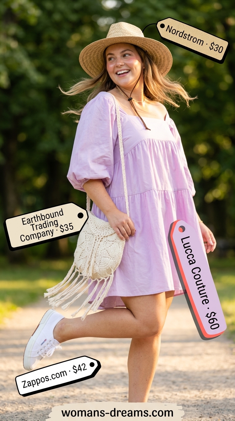 Trendy plus size summer outfits for women 2026: Lavender babydoll dress, crochet bag, and canvas sneakers for a festival.