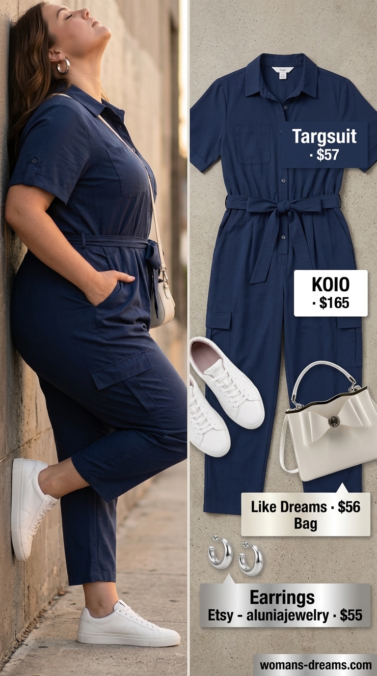 Trendy plus size summer outfits for women 2026: Navy utility jumpsuit, white sneakers, and silver earrings for travel.