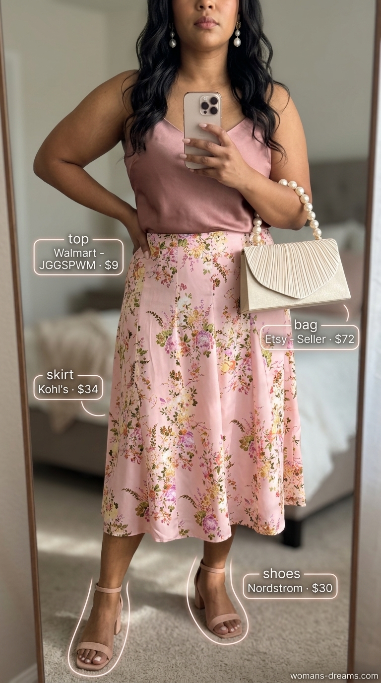 Trendy plus size summer outfits for women 2026: Pink floral midi skirt, blush camisole, and pearl earrings for a garden party.
