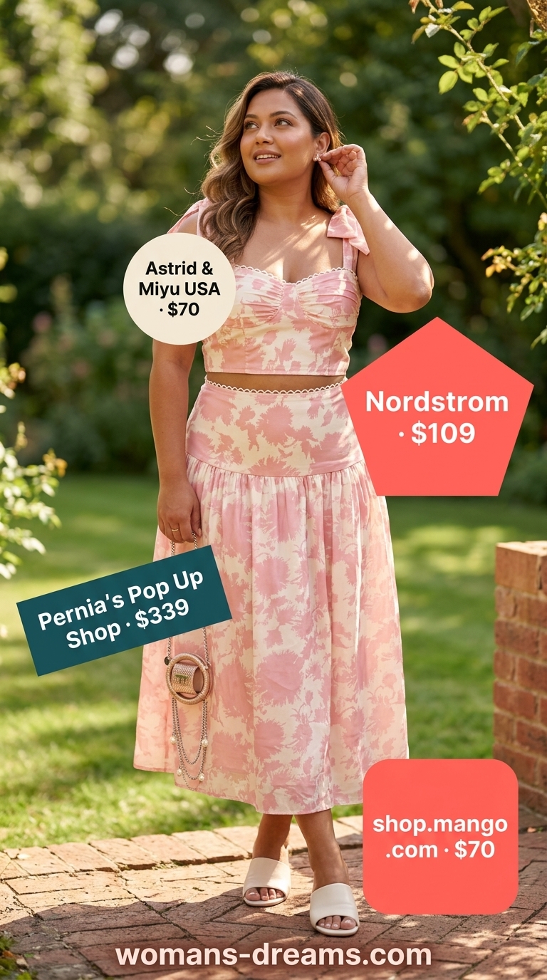 Trendy plus size summer outfits for women 2026: Blush pink floral matching set for a charming brunch date.