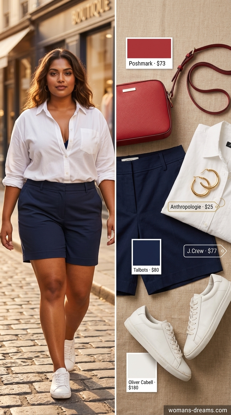 Trendy plus size summer outfits for women 2026: Navy Bermuda shorts, white button-down, and red crossbody for a preppy seaside look.