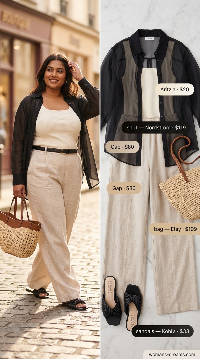 Trendy plus size summer outfits for women 2026: Beige linen pants, cream knit top, black sheer shirt, and slides for a casual day out.