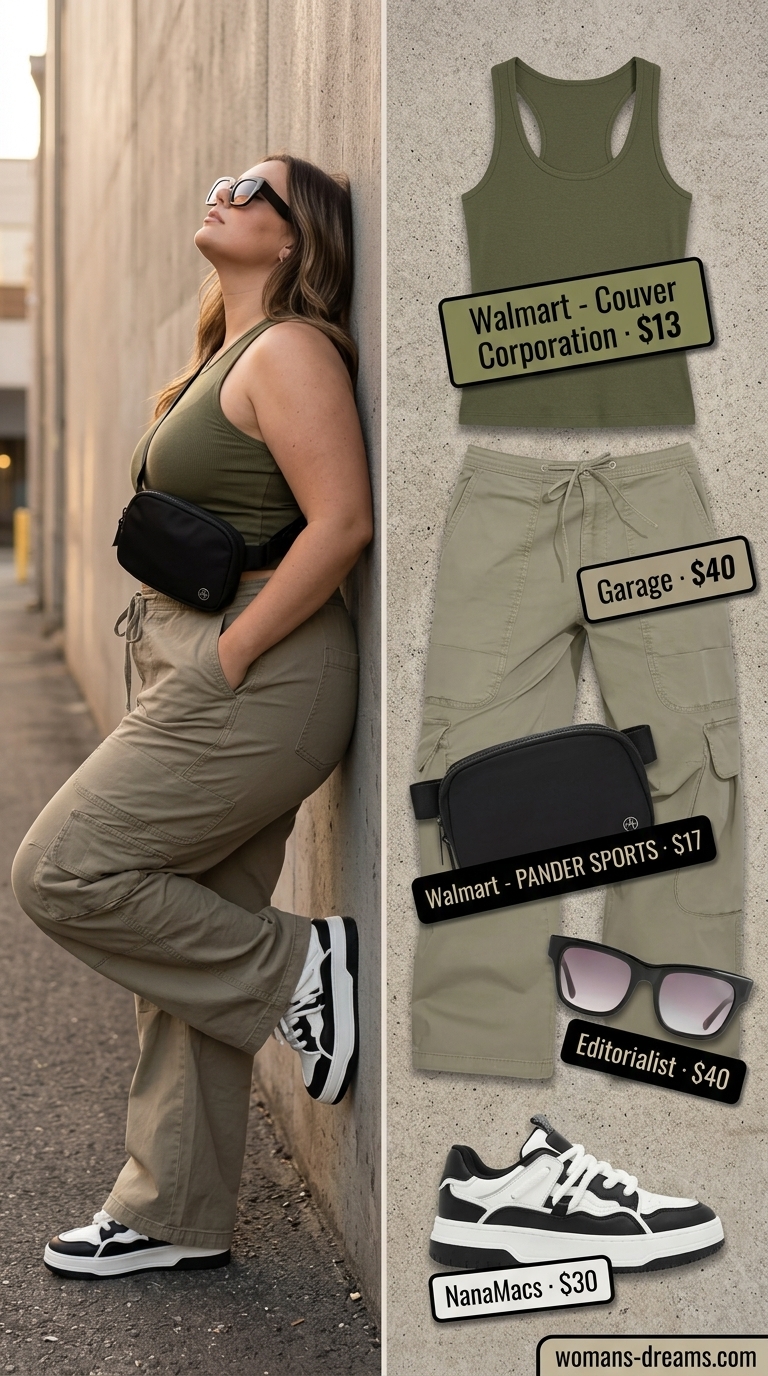 Trendy plus size summer outfits for women 2026: Khaki cargo pants, olive tank, and platform sneakers for urban safari chic.