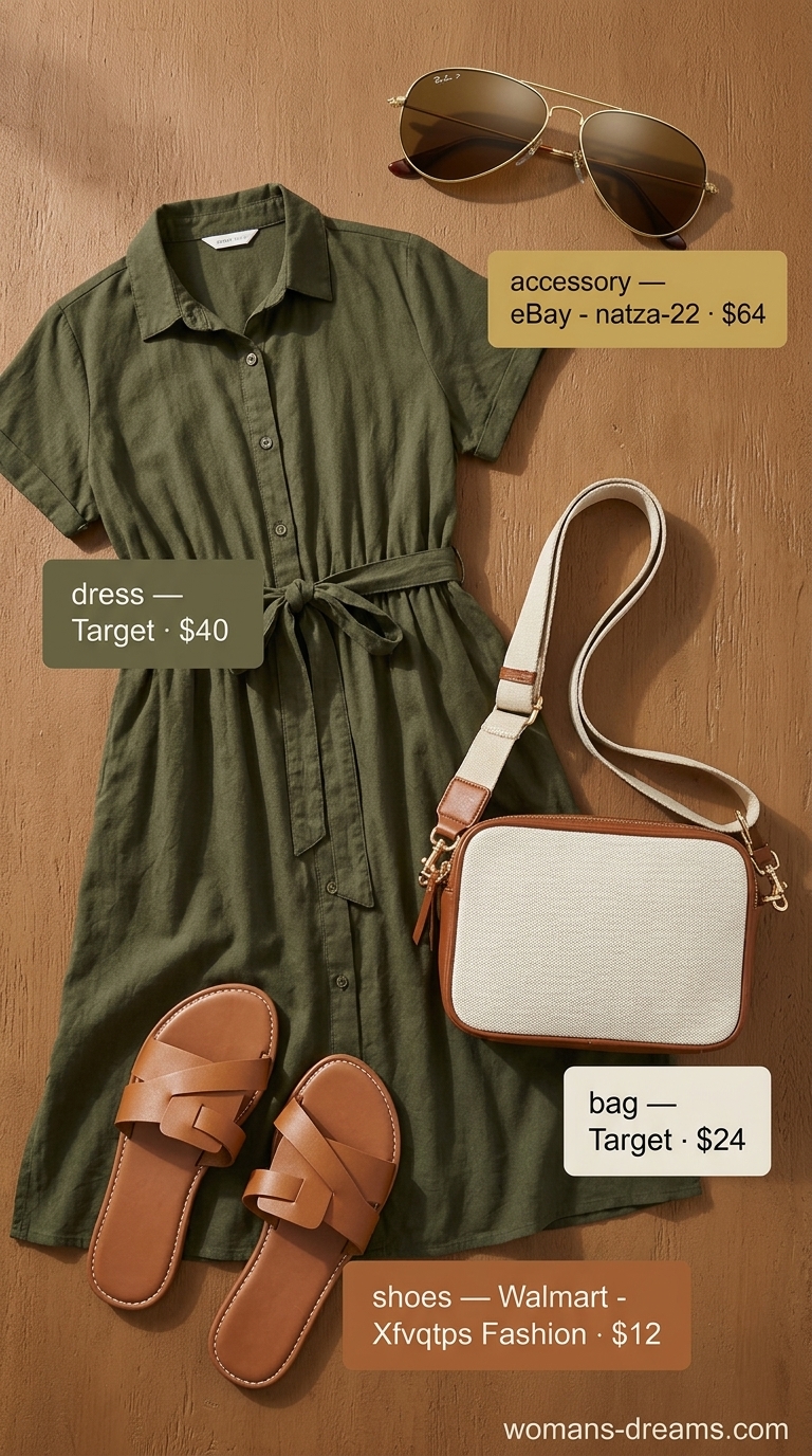 Trendy plus size summer outfits for women 2026: Khaki shirt dress, brown sandals, and crossbody bag for a safari day trip.
