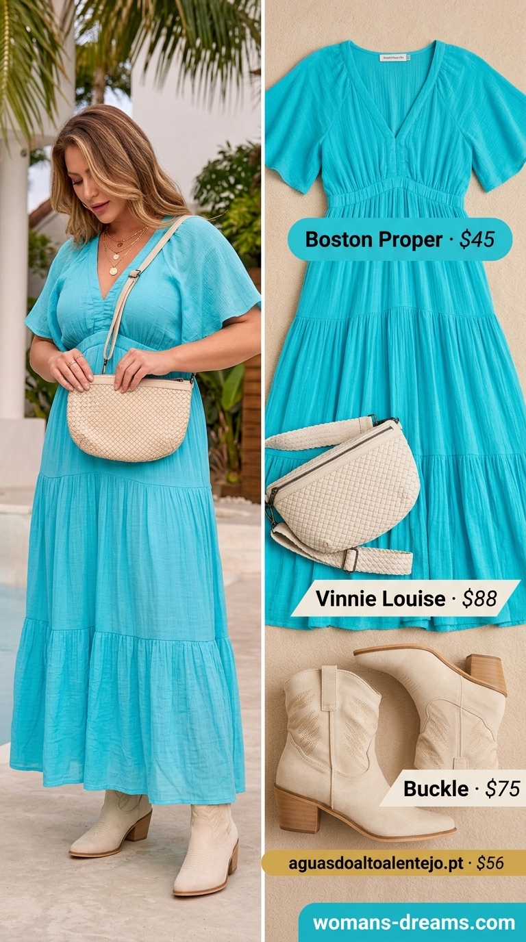 Trendy plus size summer outfits for women 2026: Turquoise maxi dress, western boots, and fringe bag for a bohemian look.
