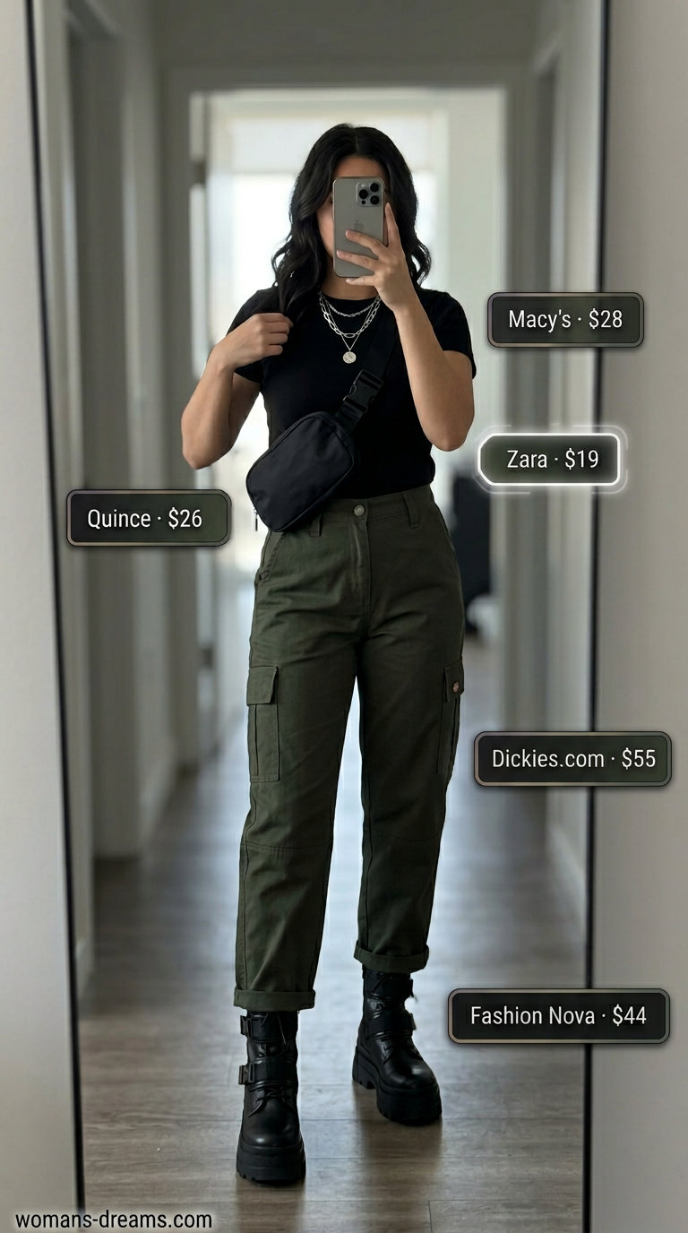 Olive green cargo pants and tank set with combat boots, an edgy trendy summer matching set outfit for women 2026.