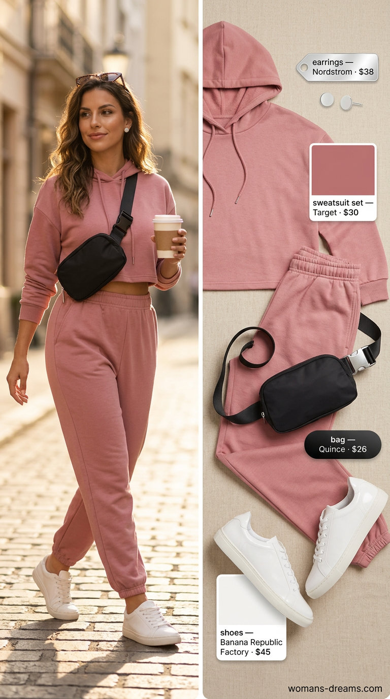 Dusty rose knit set with white sneakers, a relaxed trendy summer matching set outfit for women 2026.