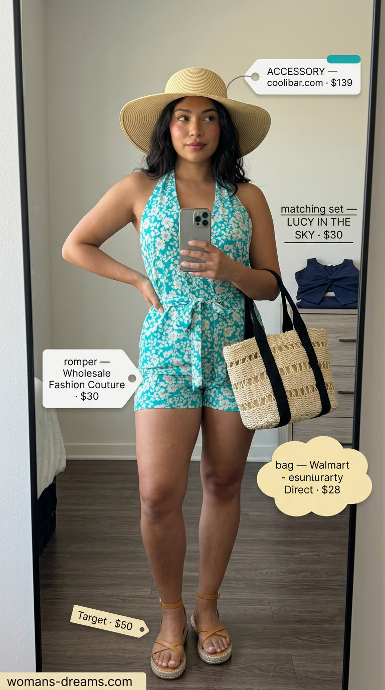 Teal and white floral romper with straw accessories, a playful trendy summer matching set outfit for women 2026.