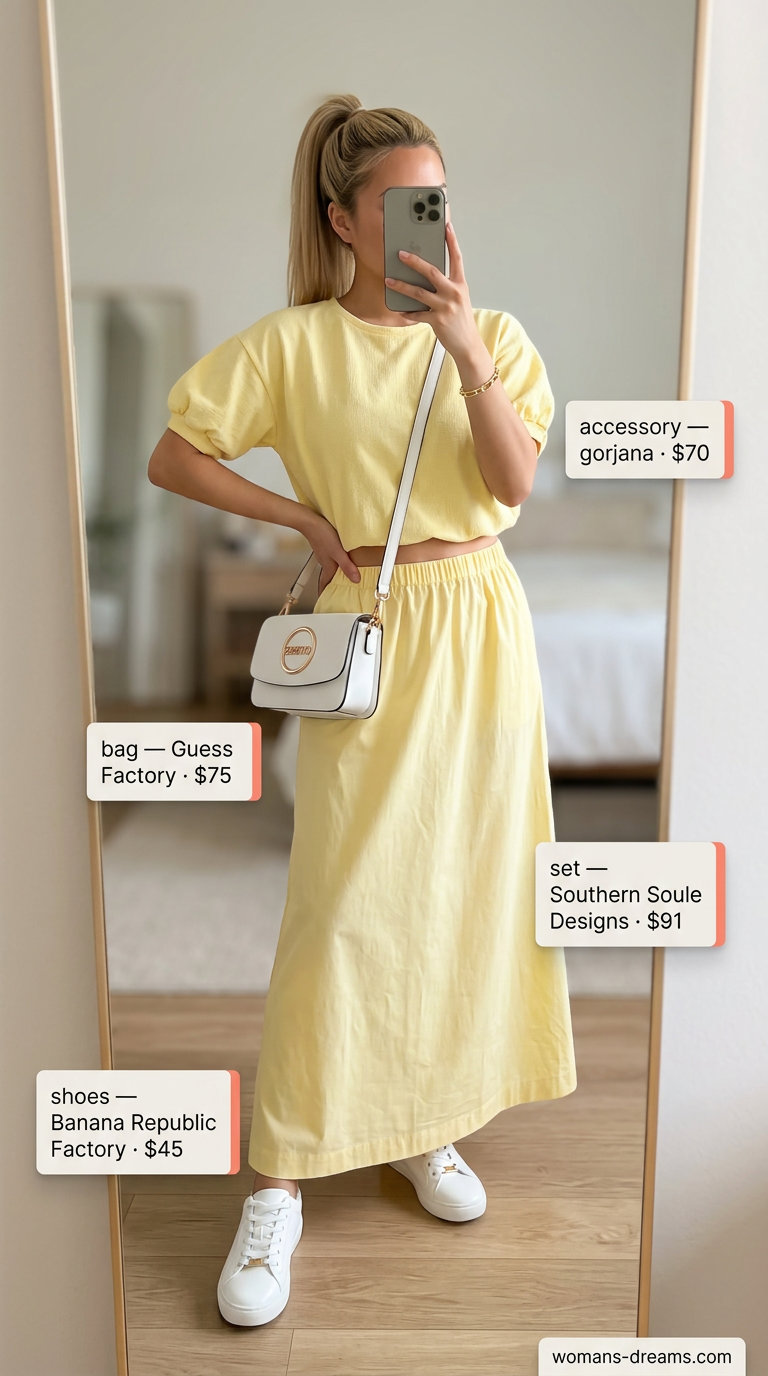 Bright lemon yellow knit crop top and midi skirt set with white sneakers, a vibrant trendy summer matching set outfit for women 2026.