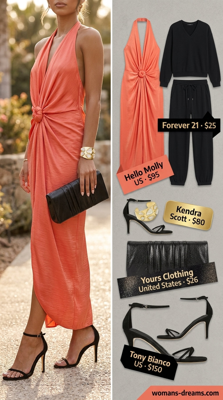 Vibrant orange maxi dress with gold accents, a stunning trendy summer matching set outfit for women 2026.