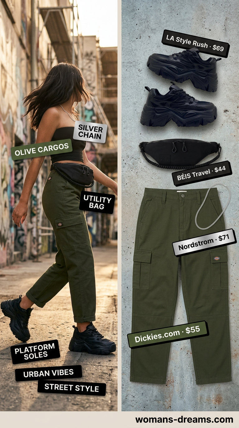 City Chic Cargo: Trendy summer matching set outfits for women 2026 in olive green cargo pants and crop top.