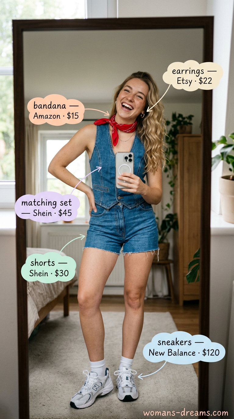 Denim shorts and graphic tee set with red accents for trendy summer outfits for women 2026.