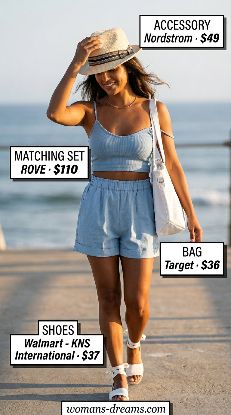 Light blue linen shorts set with white espadrilles for trendy summer matching outfits for women 2026.