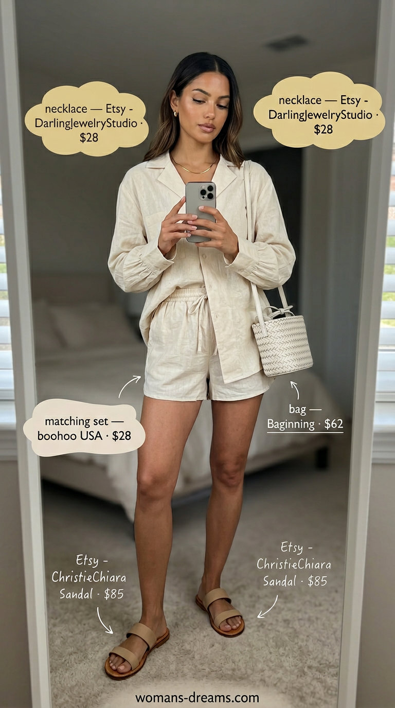 Monochromatic Linen Shorts Set: Trendy summer matching set outfits for women 2026 in cream linen with beige leather slides.