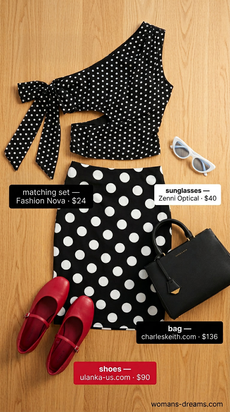 Polka dot matching set with red ballet flats for trendy summer outfits for women 2026.