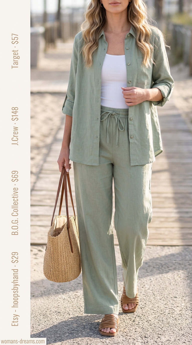 Coastal Breeze Co-ord: Trendy summer matching set outfits for women 2026 in sage green linen pants and shirt.