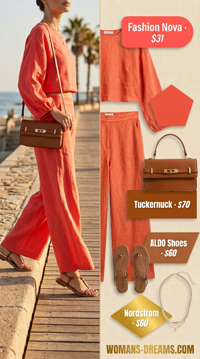 Sunset Cruise Chic: Trendy summer matching set outfits for women 2026 in vibrant coral linen pants and crop top.