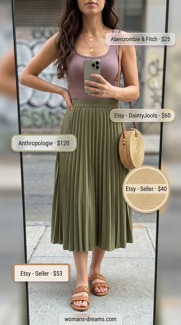 Earthy Summer Shopping Day Outfits for Women 2026 Earthy olive green linen skirt outfit for trendy summer shopping day outfits for women 2026.