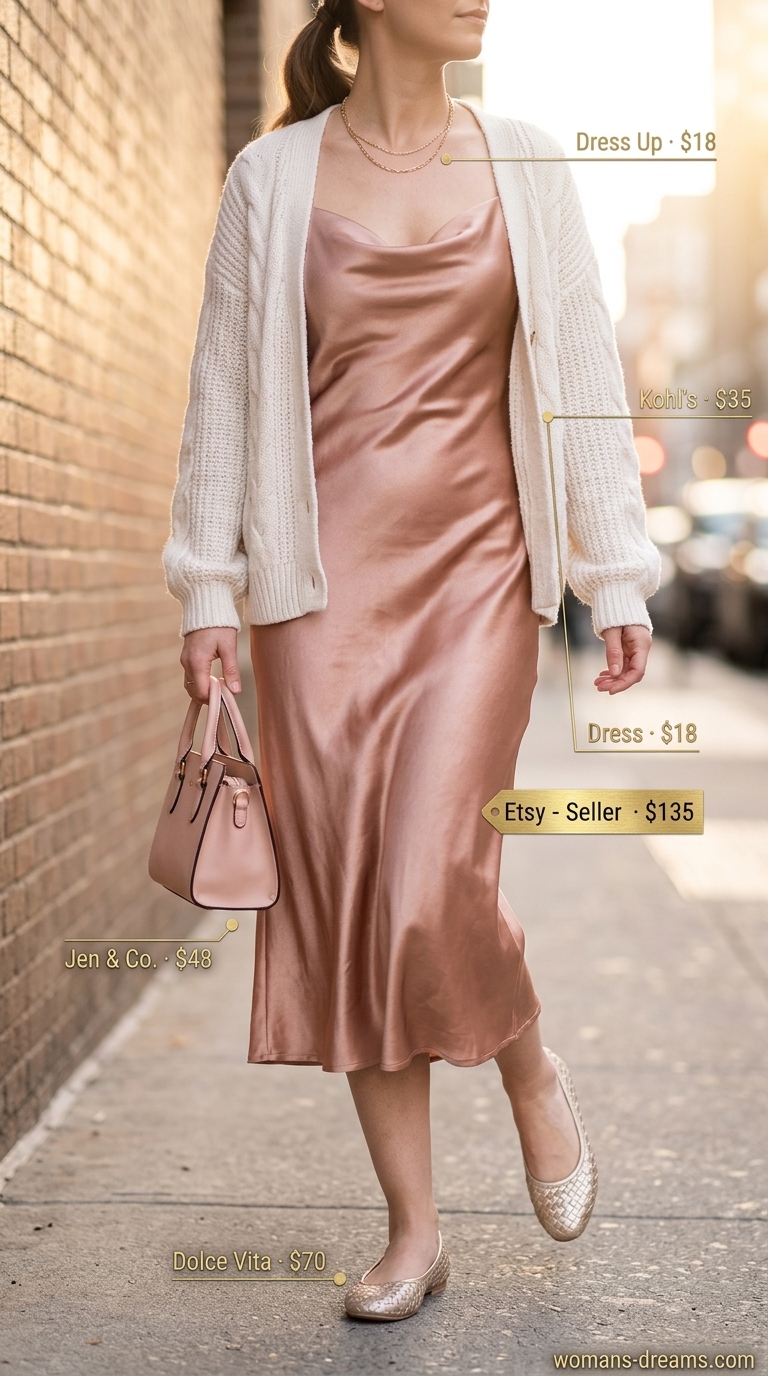 Trendy Summer Outfits 2026: Blush Slip Dress Style Trendy summer shopping day outfits for women 2026: Blush slip dress, cardigan, and ballet flats for a romantic, feminine look.