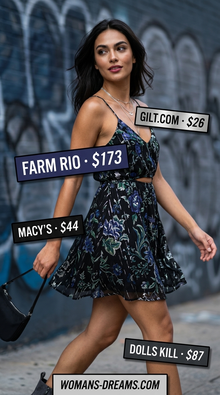 Edgy Summer Shopping Day Outfits for Women 2026 Edgy black floral babydoll dress outfit for trendy summer shopping day outfits for women 2026.