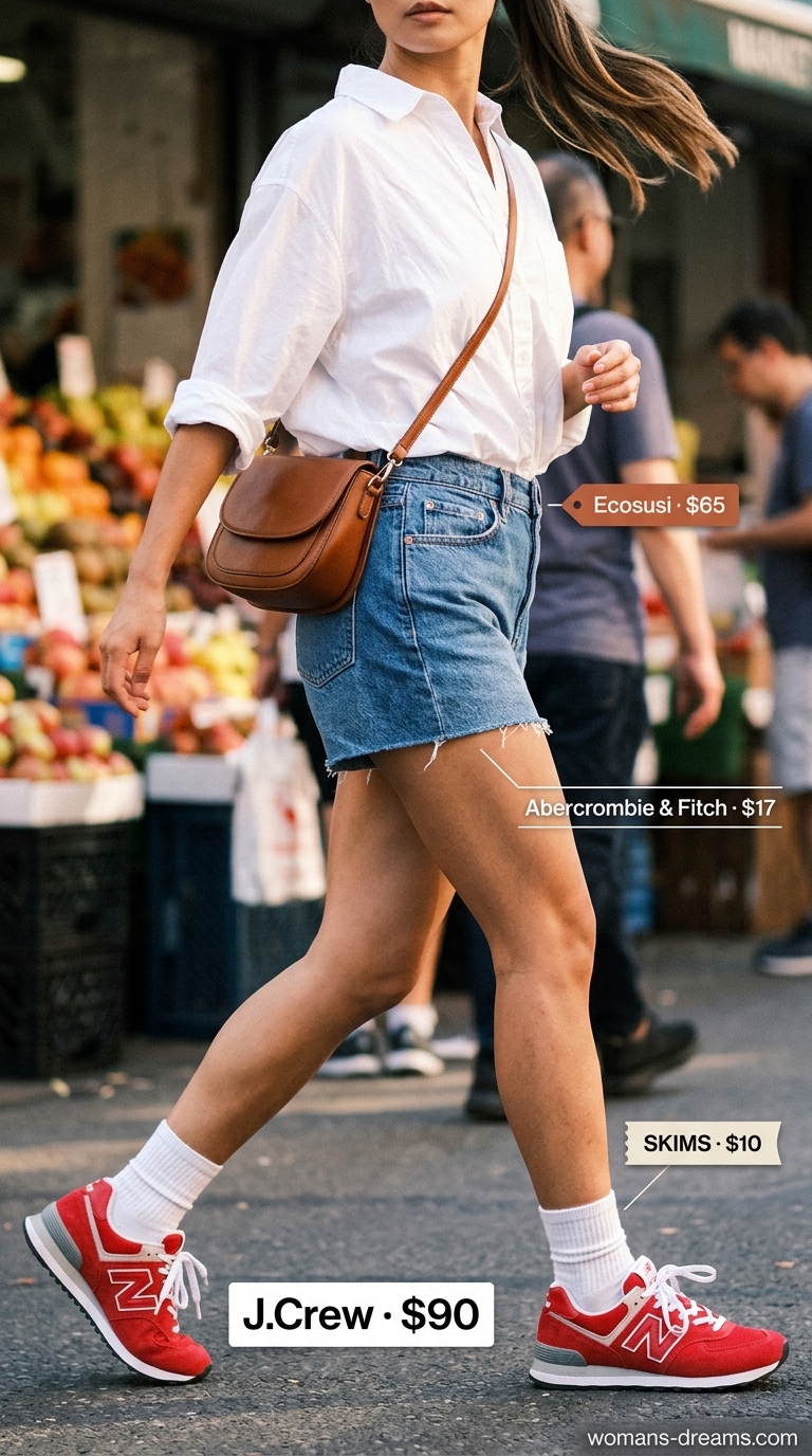 Trendy Summer Outfits 2026: Denim Shorts & Red Bag Trendy summer shopping day outfits for women 2026: Denim shorts, white shirt, and red crossbody bag for an energetic, playful look.