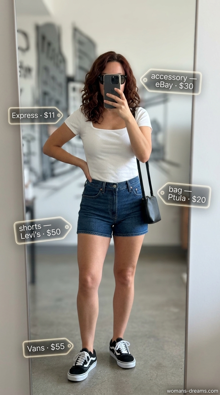 Trendy Summer Outfits 2026: Denim Shorts & Stripes Trendy summer shopping day outfits for women 2026: Denim shorts, striped tee, and red crossbody for a dynamic, sporty chic look.