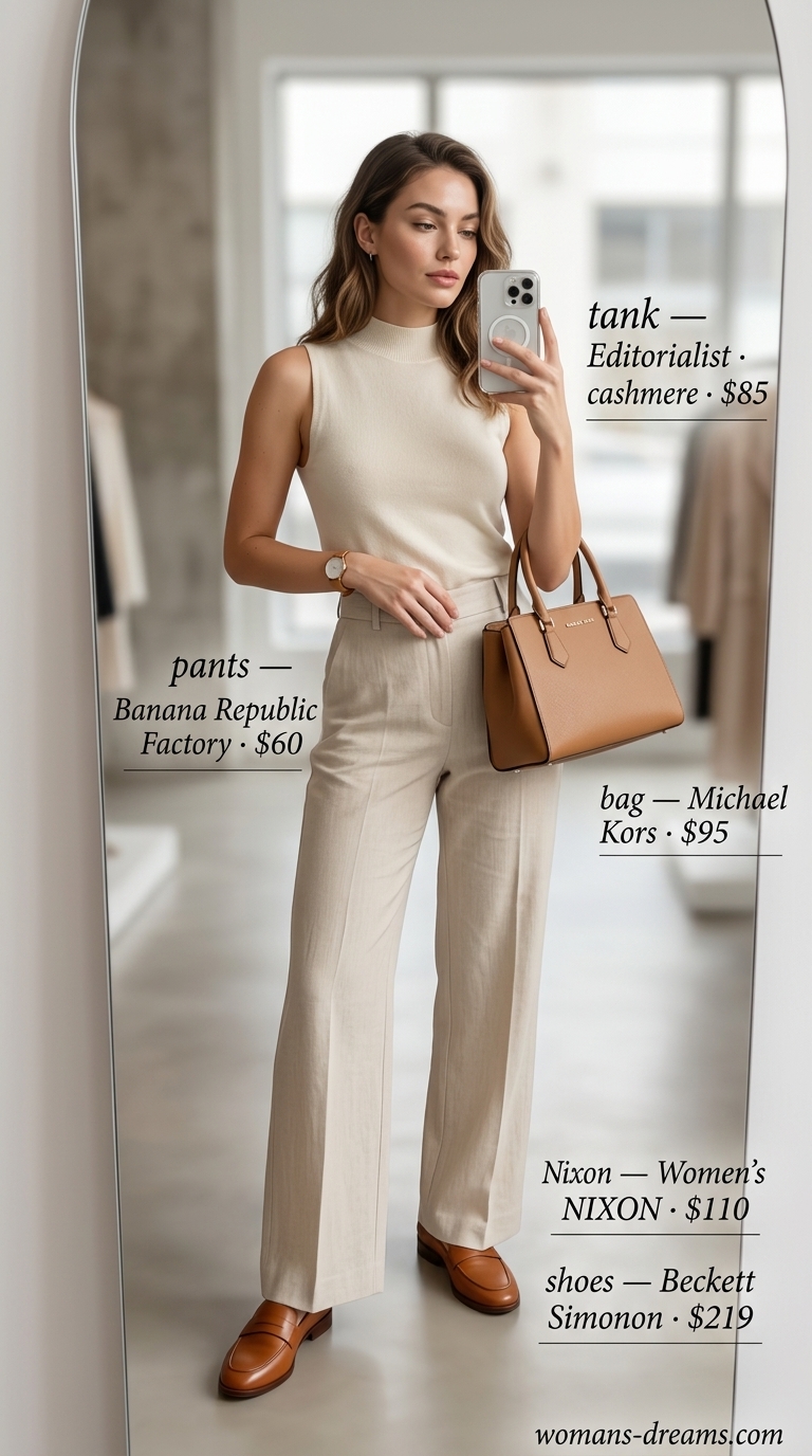Refined Summer Shopping Day Outfits for Women 2026 Refined cream linen pants outfit for trendy summer shopping day outfits for women 2026. Minimalist style.