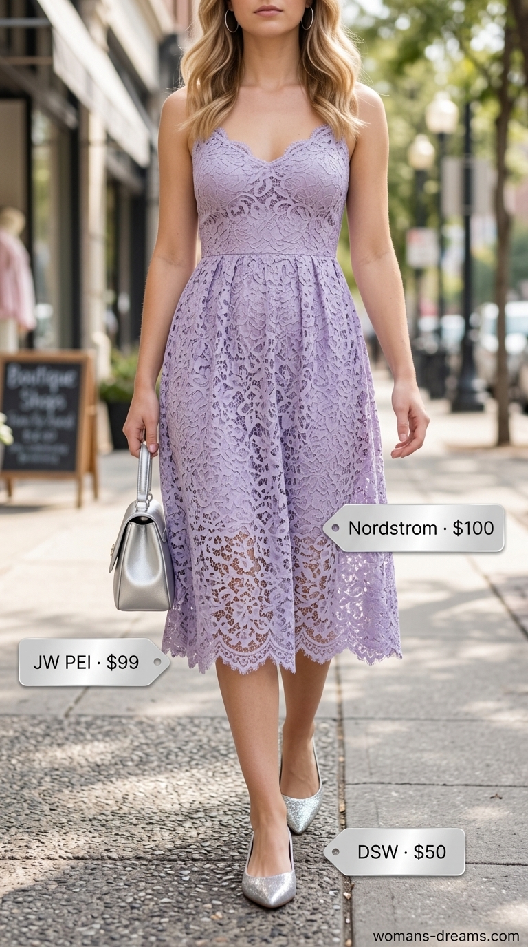 Trendy Summer Shopping Outfits for Women 2026: Chic Lavender Dress Trendy summer shopping day outfits for women 2026: Lavender flowy midi dress, white ballet flats, silver hoop earrings, and mini top-handle bag.