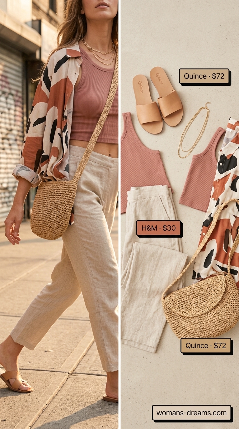 Trendy Summer Outfits 2026: Linen Pants & Abstract Shirt Trendy summer shopping day outfits for women 2026: Linen pants, ribbed tank, and abstract shirt for a relaxed, chic desert bloom look.