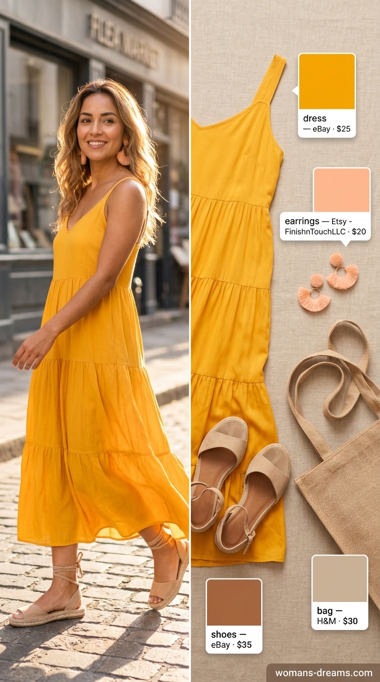 Whimsical Summer Shopping Outfits 2026 Trendy summer shopping day outfits for women 2026: Marigold maxi dress with brown sunglasses and woven tote for flea market finds.