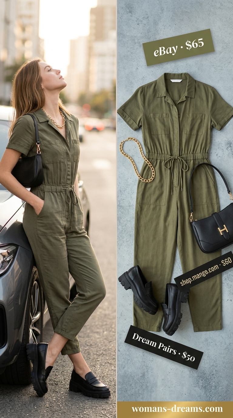 Trendy summer shopping day outfits for women 2026: Olive utility jumpsuit, chunky loafers, and structured bag for a practical, streamlined look.